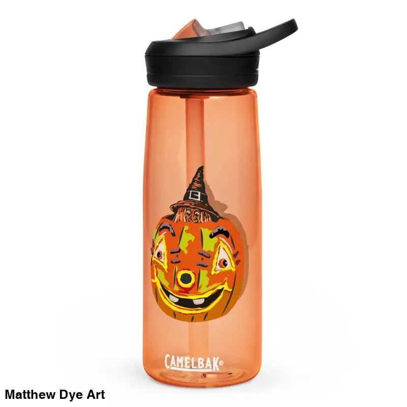 Orange water bottle with pumpkin design for Pumpkin Witch Sports by Matthew Dye Art