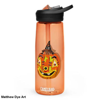 Orange water bottle with pumpkin design for Pumpkin Witch Sports by Matthew Dye Art