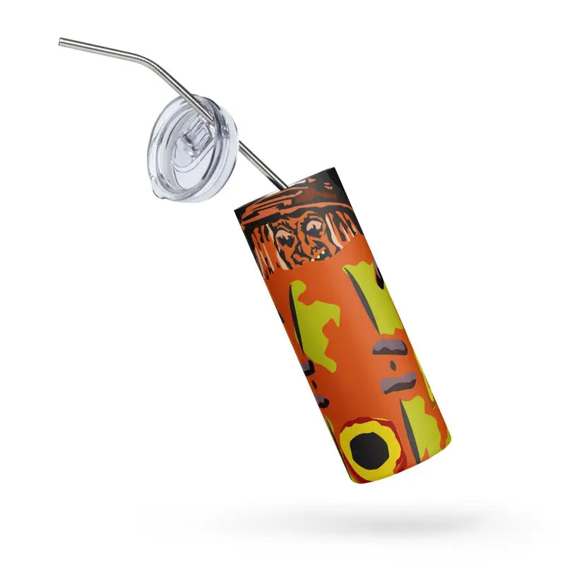 Orange energy drink can with abstract designs beside Pumpkin Witch Stainless Steel Tumbler