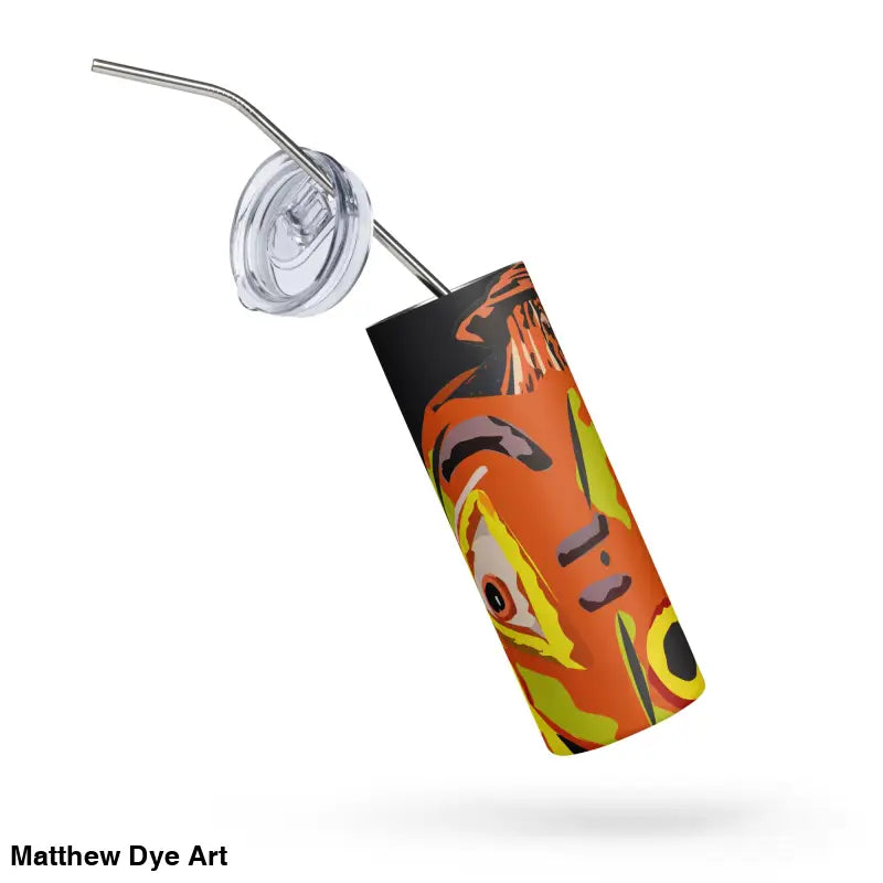 Orange and black patterned tumbler with straw from Pumpkin Witch stainless Halloween collection