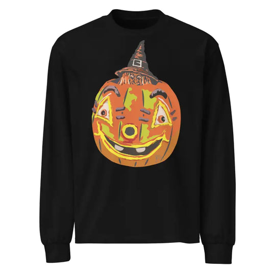 Black premium long sleeve shirt featuring a vibrant pumpkin graphic for ultimate comfort