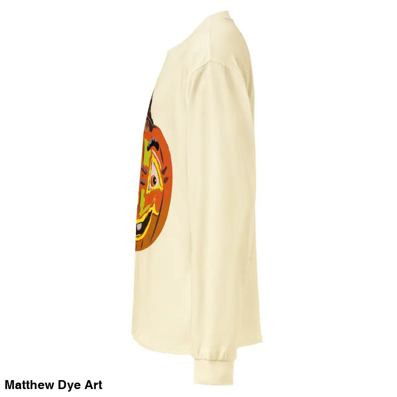Cream-colored premium long sleeve shirt with a pumpkin graphic for comfort and style