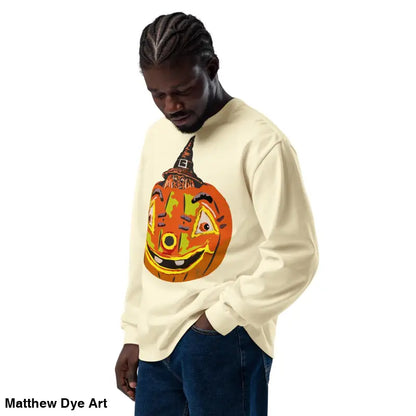 Cream-colored long-sleeved sweatshirt featuring a jack-o’-lantern graphic for comfort