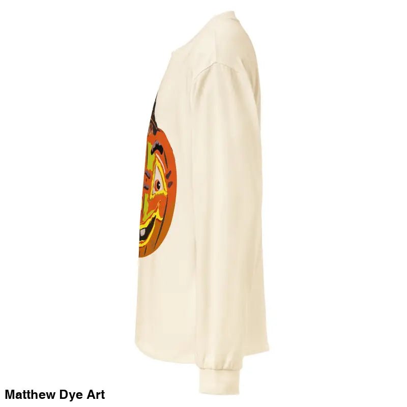 Cream-colored premium long sleeve shirt featuring a whimsical jack-o’-lantern graphic