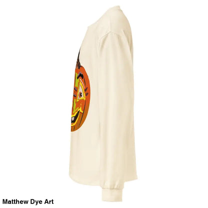 Cream-colored premium long sleeve shirt featuring a whimsical jack-o’-lantern graphic