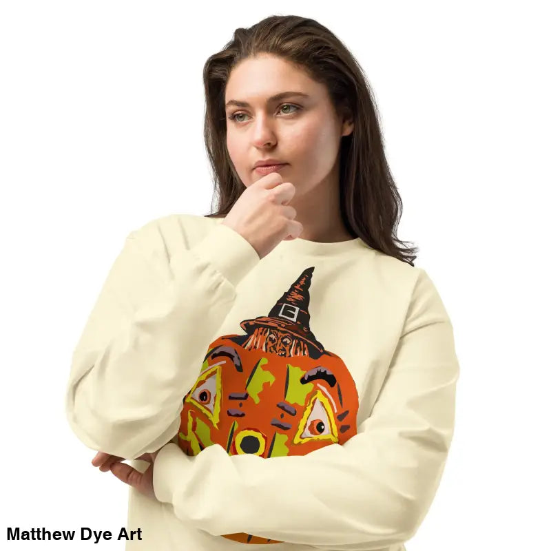 Halloween-themed Pumpkin Witch premium long sleeve sweatshirt featuring a jack-o’-lantern design