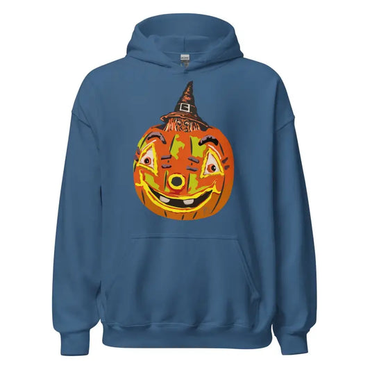 Blue Pumpkin Witch Unisex Hoodie with smiling jack-o’-lantern in witch hat design