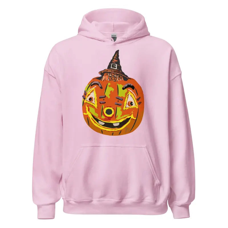 Pink Pumpkin Witch Unisex Hoodie featuring a smiling jack-o’-lantern in a witch hat