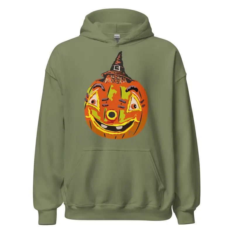 Military green Pumpkin Witch Unisex Hoodie featuring a smiling Halloween pumpkin design