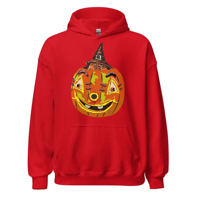 Red Pumpkin Witch Unisex Hoodie featuring a smiling jack-o’-lantern with a witch hat