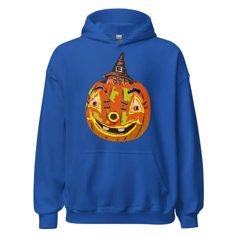 Royal blue Pumpkin Witch Unisex Hoodie with a smiling jack-o’-lantern in a witch hat