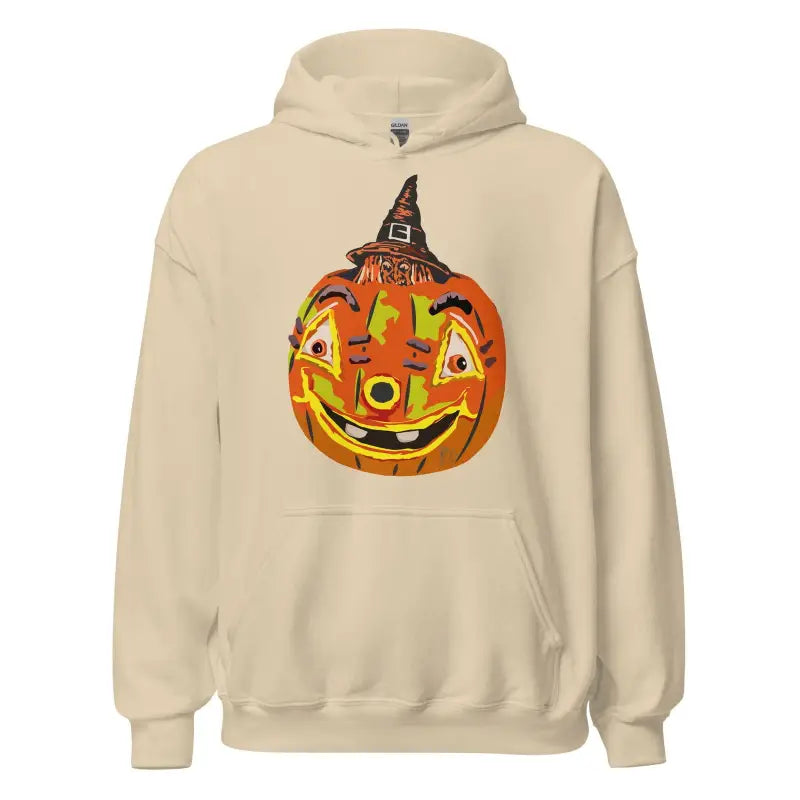 Beige Pumpkin Witch Unisex Hoodie featuring a smiling jack-o’-lantern in a witch hat