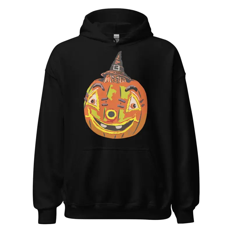 Black hoodie featuring a smiling jack-o’-lantern in a witch hat from the cute Halloween collection