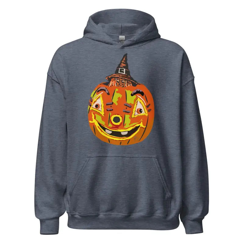 Gray pumpkin witch unisex hoodie with smiling jack-o’-lantern in a witch hat