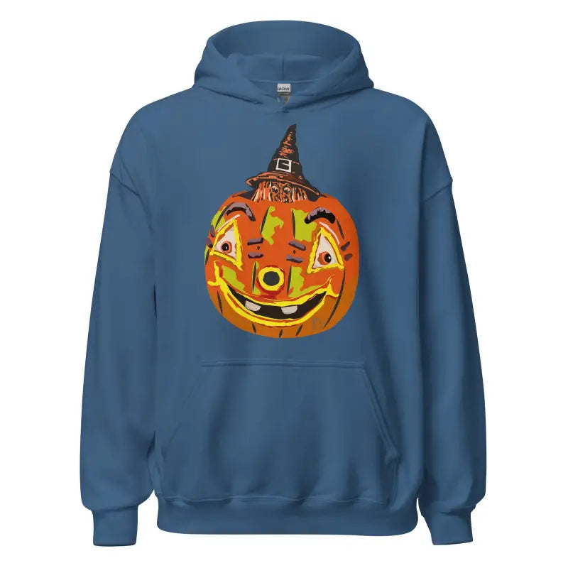 Blue pumpkin witch unisex hoodie with smiling jack-o’-lantern and witch hat