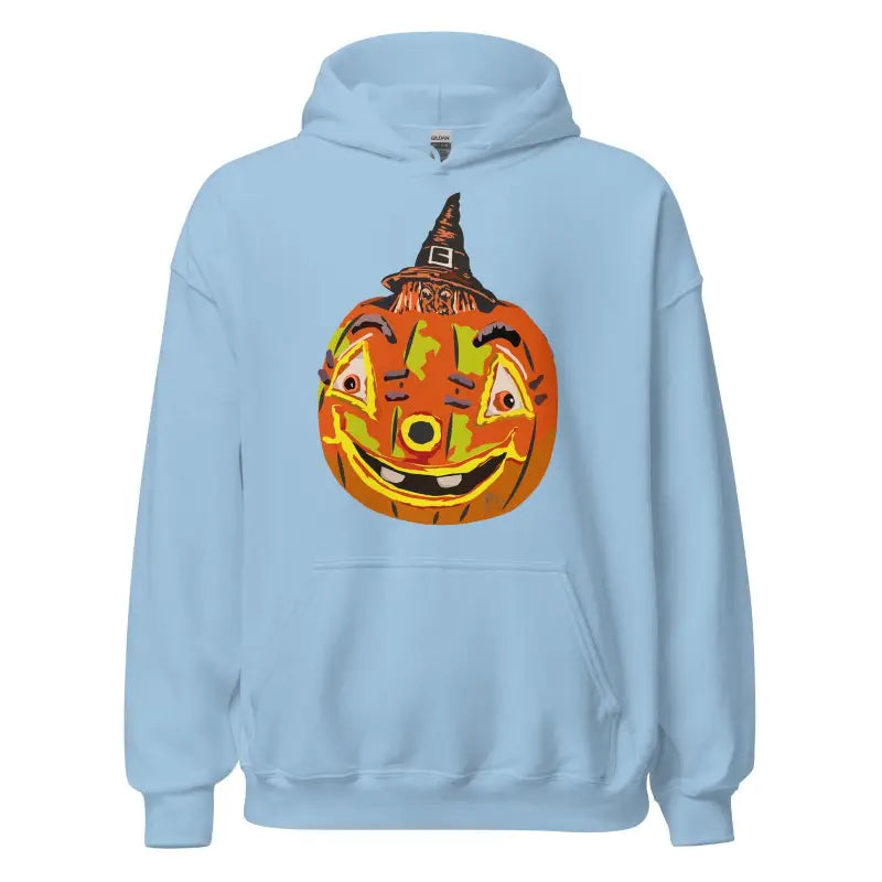 Light blue Pumpkin Witch Unisex Hoodie featuring a smiling pumpkin in a witch hat