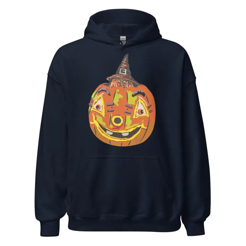 Black Pumpkin Witch Hoodie features a smiling jack-o’-lantern in a witch hat, cozy and unisex