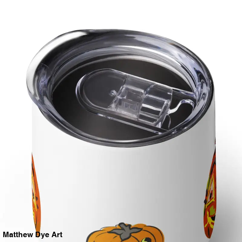 Pumpkin-themed tumbler with lid featuring Matthew Dye art for whimsical pumpkin witch wine