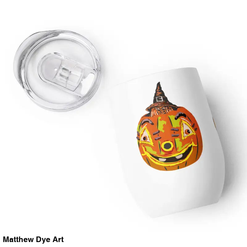 White tumbler featuring whimsical pumpkin witch design by Matthew Dye Art
