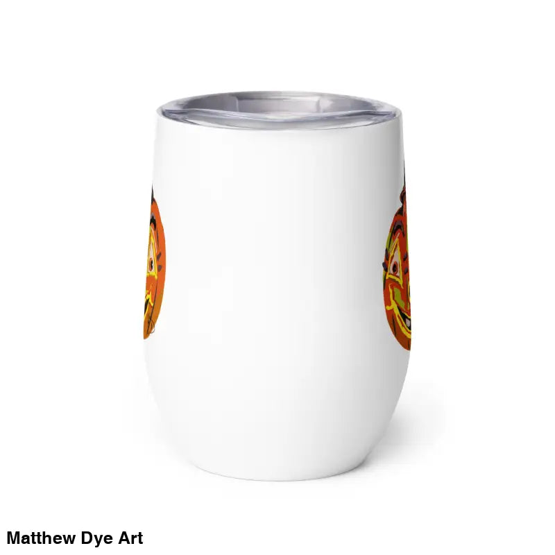 White wine tumbler featuring whimsical pumpkin witch design by Matthew Dye Art