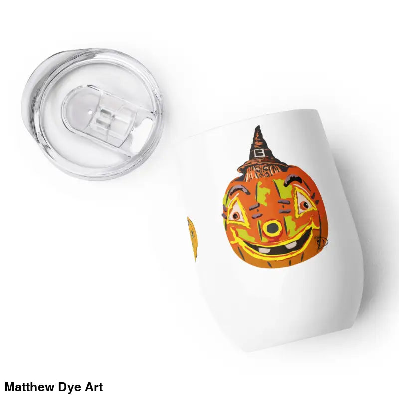 White tumbler featuring whimsical pumpkin witch design by Matthew Dye Art