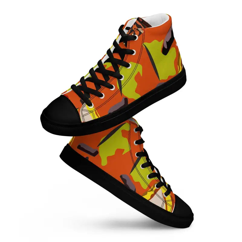 High-top sneakers with orange, yellow, and black camouflage for Whimsical Pumpkin Witch women’s collection