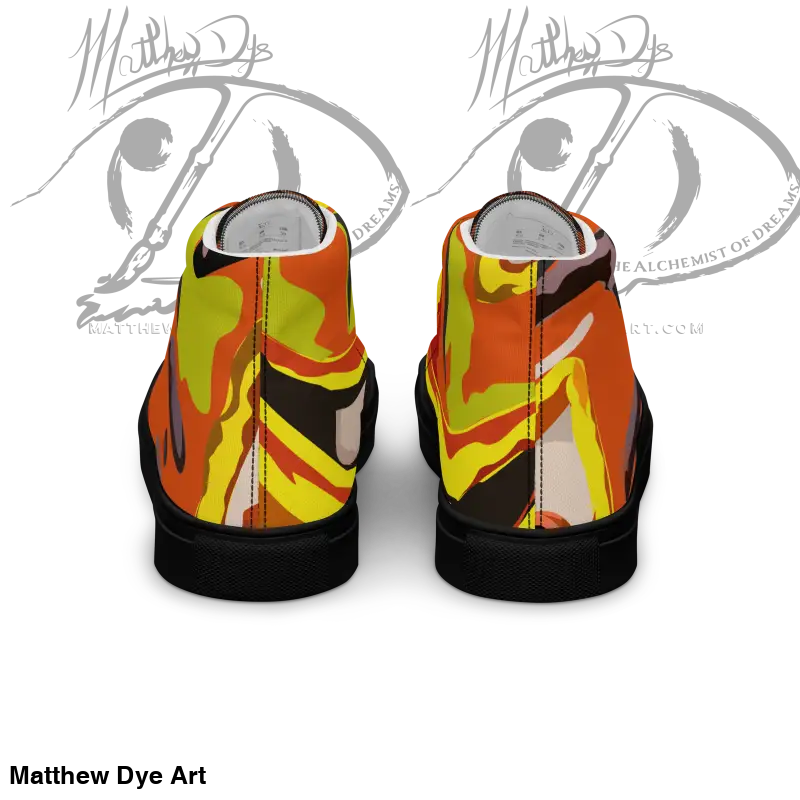 High-top sneakers featuring orange, yellow, and black abstract flames, Whimsical Pumpkin Witch Women’s