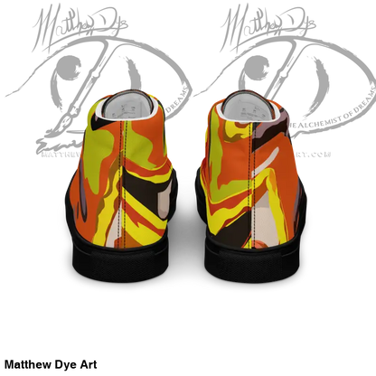 High-top sneakers featuring orange, yellow, and black abstract flames, Whimsical Pumpkin Witch Women’s