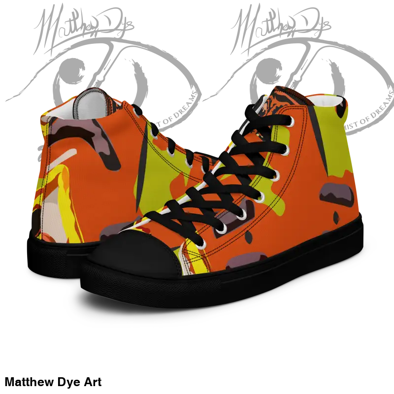 High-top sneakers with orange and lime green abstract design for Whimsical Pumpkin Witch Women’s collection