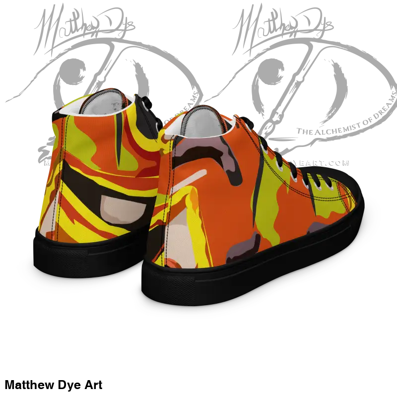 High-top sneakers in orange, yellow, and black camouflage for Whimsical Pumpkin Witch women’s collection