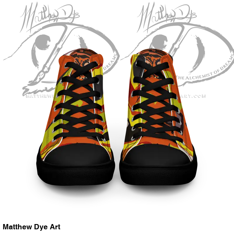 High-top sneakers with orange, yellow, and black geometric pattern from Whimsical Pumpkin Witch