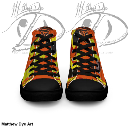 High-top sneakers with orange, yellow, and black geometric pattern from Whimsical Pumpkin Witch