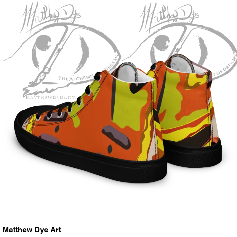 High-top sneakers featuring orange, yellow, and black camouflage for Whimsical Pumpkin Witch Women’s collection