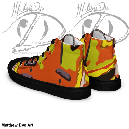 High-top sneakers featuring orange, yellow, and black camouflage for Whimsical Pumpkin Witch Women’s collection