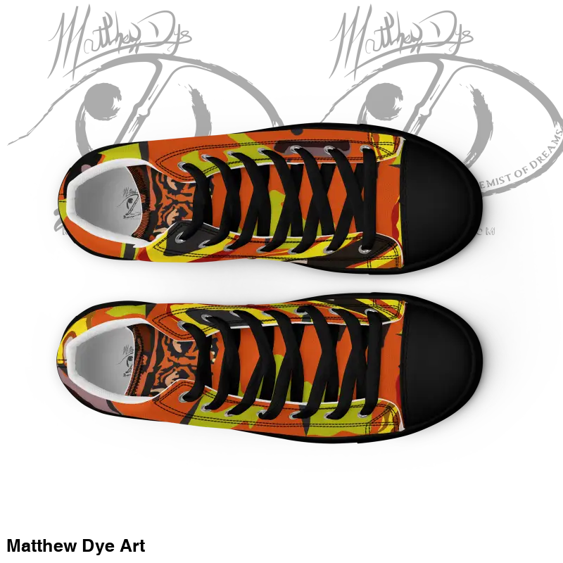 Whimsical Pumpkin Witch women’s high tops in black, orange, and yellow for Halloween
