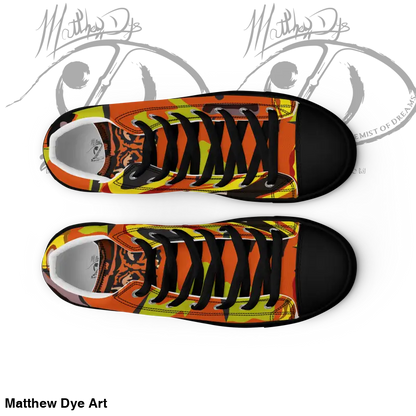 Whimsical Pumpkin Witch women’s high tops in black, orange, and yellow for Halloween