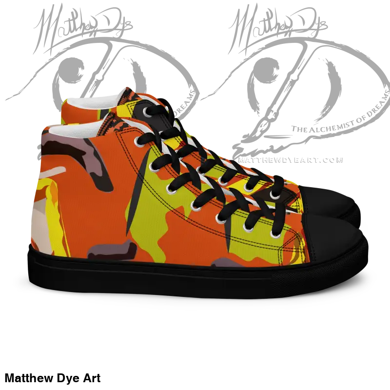 High-top sneaker with orange, yellow, and black camouflage in Whimsical Pumpkin Witch design
