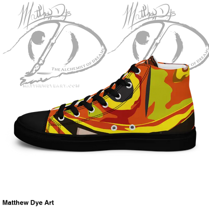Whimsical Pumpkin Witch Women’s High Tops with orange, yellow, and black camouflage design