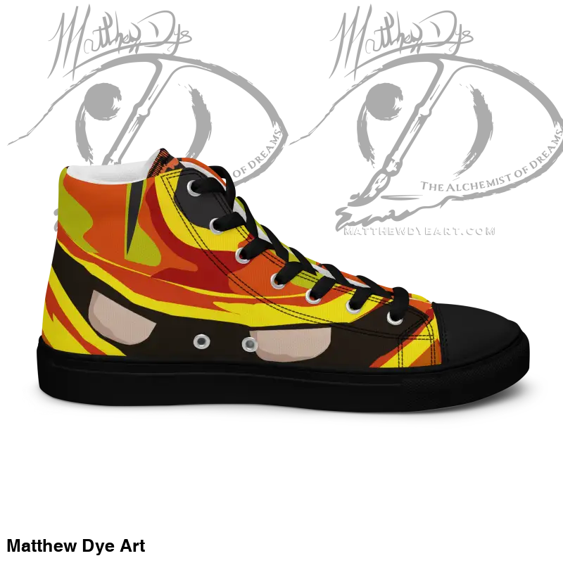 High-top sneaker featuring whimsical pumpkin witch design in orange, yellow, and black