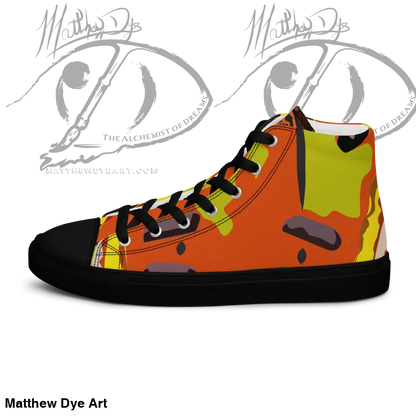 High-top sneaker featuring orange, yellow, and green camouflage for Whimsical Pumpkin Witch