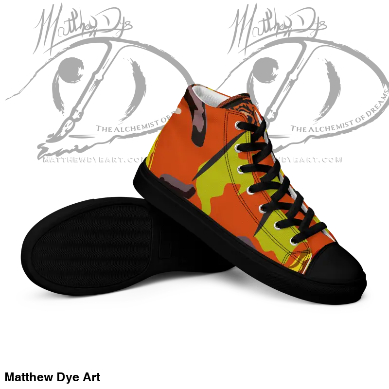High-top sneaker featuring orange and yellow camouflage for Whimsical Pumpkin Witch Women’s