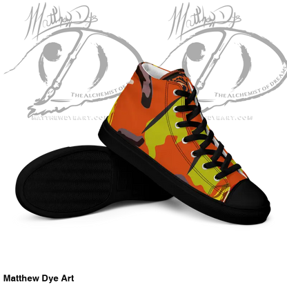 High-top sneaker featuring orange and yellow camouflage for Whimsical Pumpkin Witch Women’s