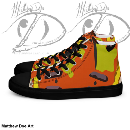 High-top sneaker featuring orange, yellow, and black camouflage for Whimsical Pumpkin Witch Women’s