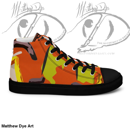 Whimsical Pumpkin Witch women’s high-tops in camouflage pattern for a cute Halloween collection