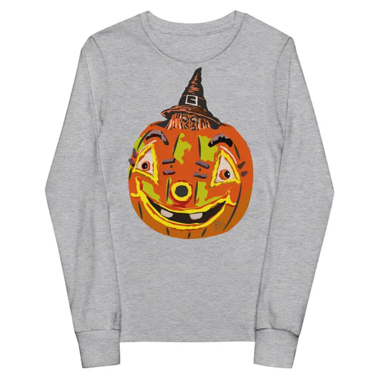 Gray long-sleeved shirt featuring a Pumpkin Witch graphic from the Halloween collection