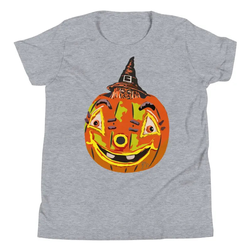 Smiling jack-o’-lantern wearing a witch hat on cute Halloween youth short sleeve t-shirt