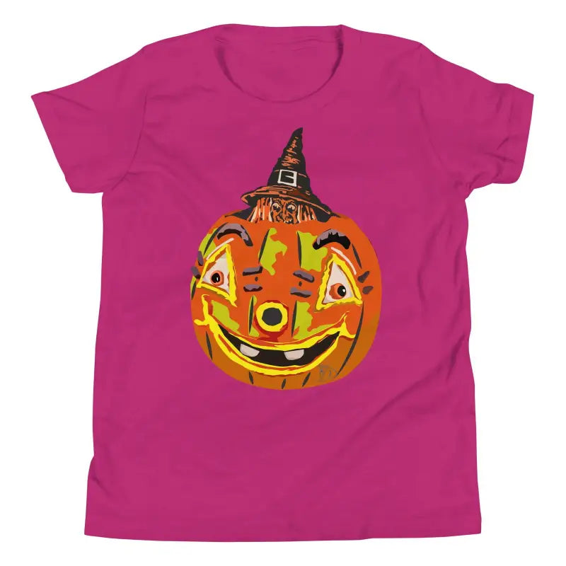 Smiling jack-o’-lantern in witch hat on cute Halloween youth short sleeve t-shirt