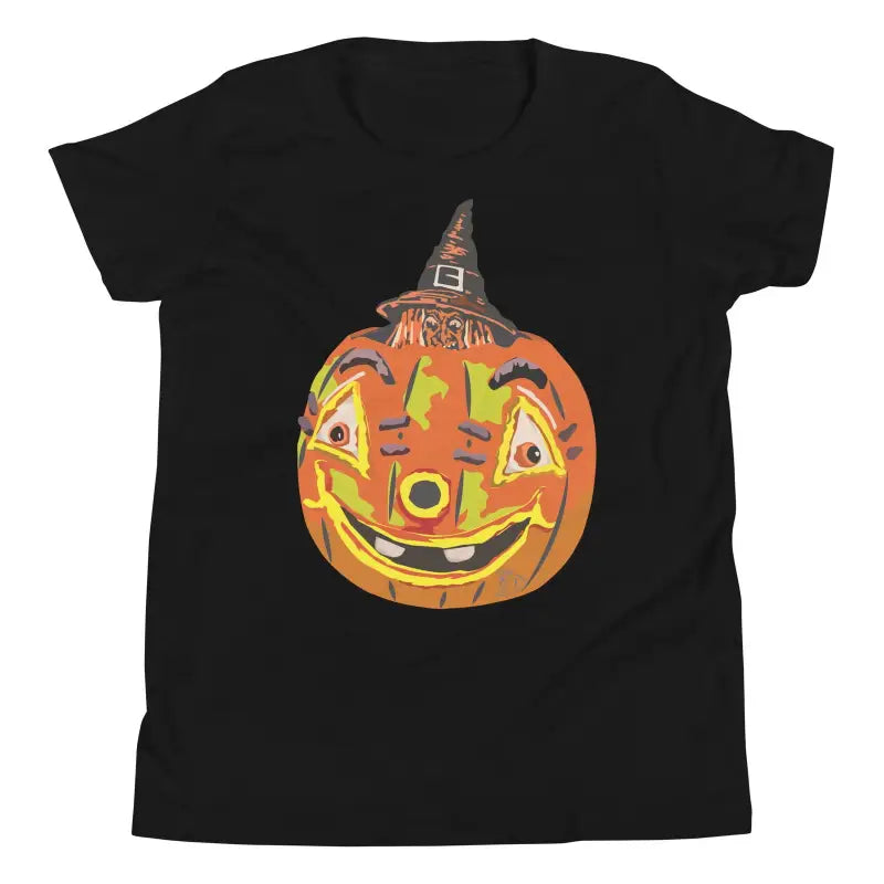 Smiling jack-o’-lantern in witch hat on cute Halloween youth short sleeve t-shirt