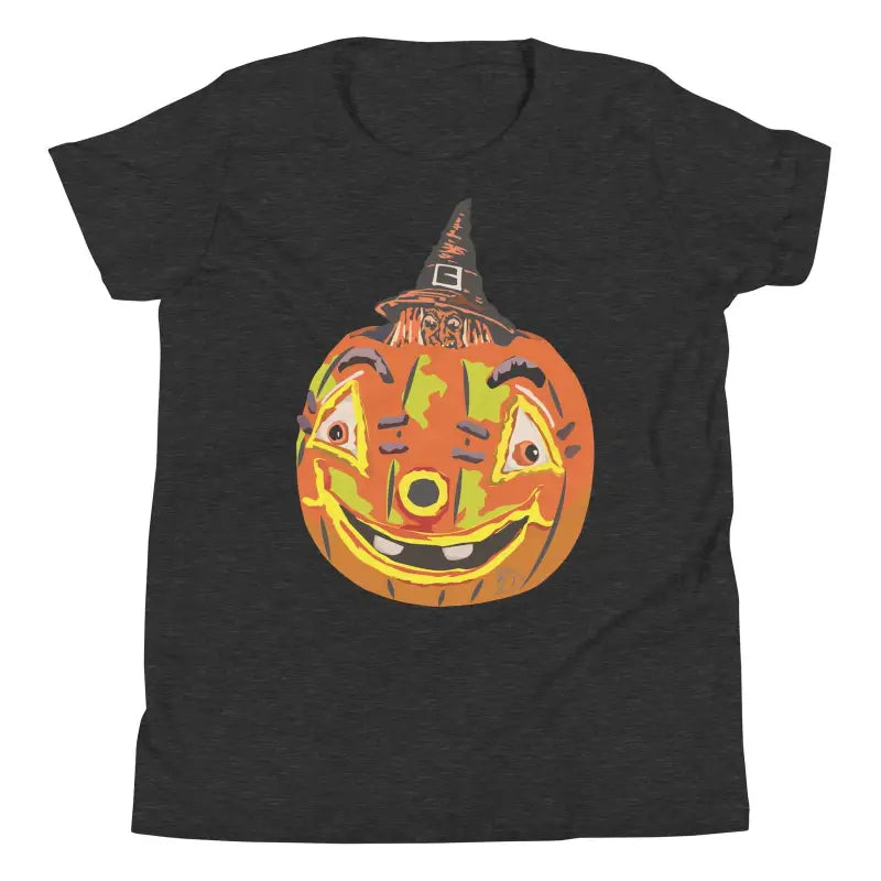 Smiling jack-o’-lantern in witch hat on Halloween youth short sleeve t-shirt