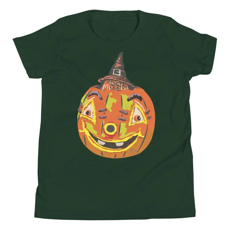 Smiling jack-o’-lantern with witch hat on a cute Halloween youth short sleeve t-shirt